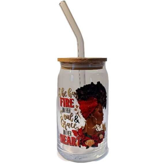 16oz She has Fire in Her Soul Grace in Her Heart Glass Can Cup Bamboo Lid Straw - Picture 1 of 4